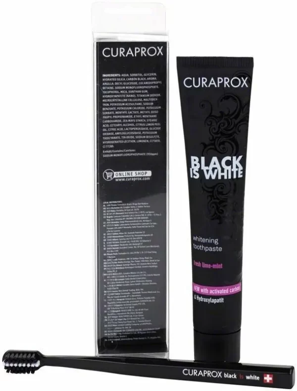 Curaprox Black Is White Toothpaste, 90ml - Activated Charcoal Whitening Toothpaste + toothbrush
